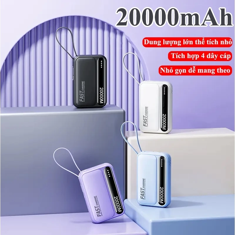Toàn năng 4 dây sạc nhanh｜Pin dự phòng 20000mAh dung lượng lớn Đèn LED báo phần trăm Thiết