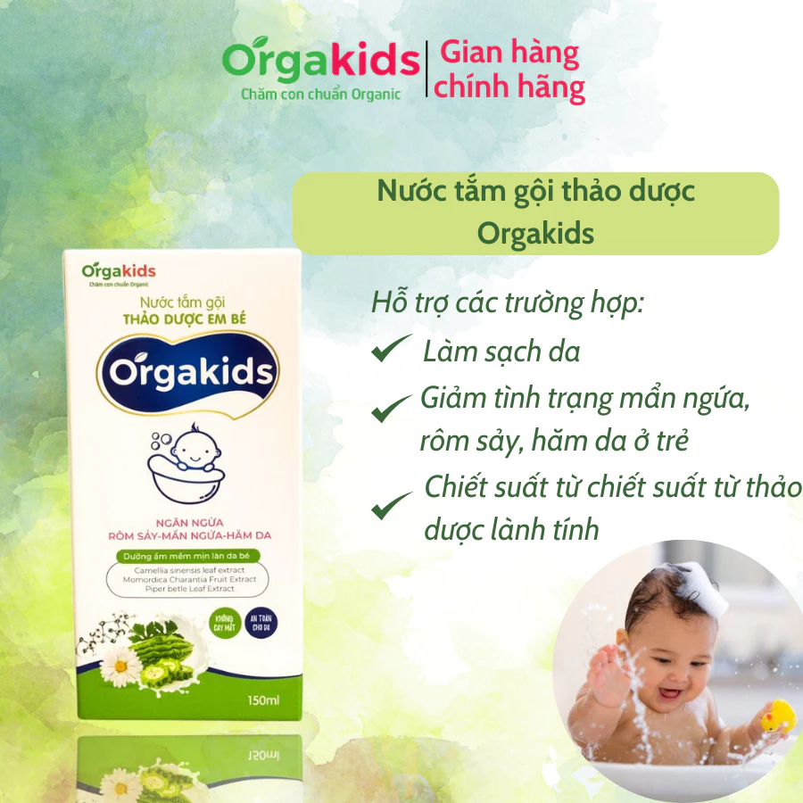 Nước tắm thảo dược trẻ em Orgakids ngừa rôm sảy, mụn nhọt, mẩn ngứa - lọ 150ml
